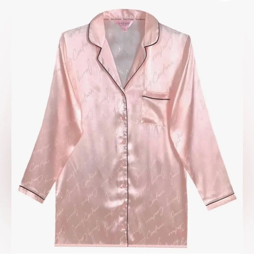 Juicy Couture Pink Black Notch Satin JC Logo Jacquard Short Long Sleeve Robe
